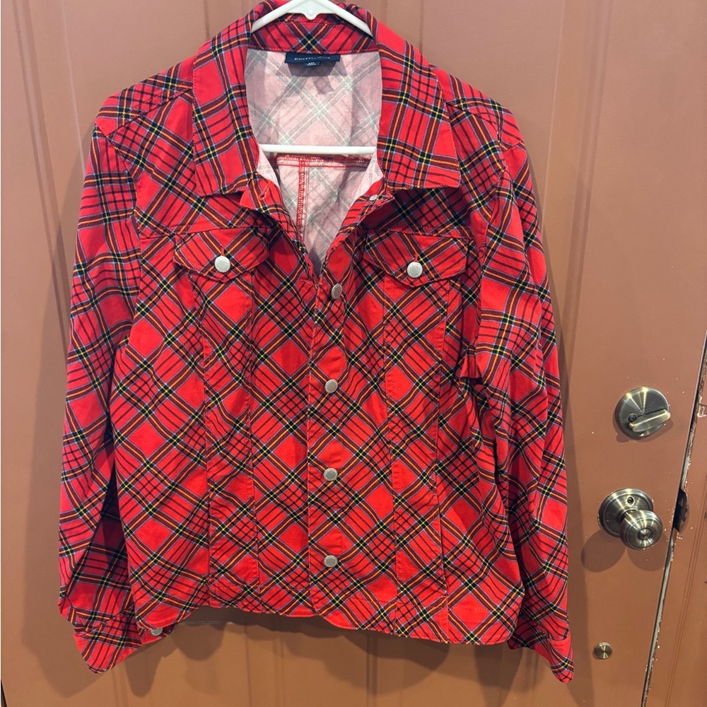 CHARTER CLUB Womens Red Tartan Plaid Cotton Twill Collared Jacket Size XXL